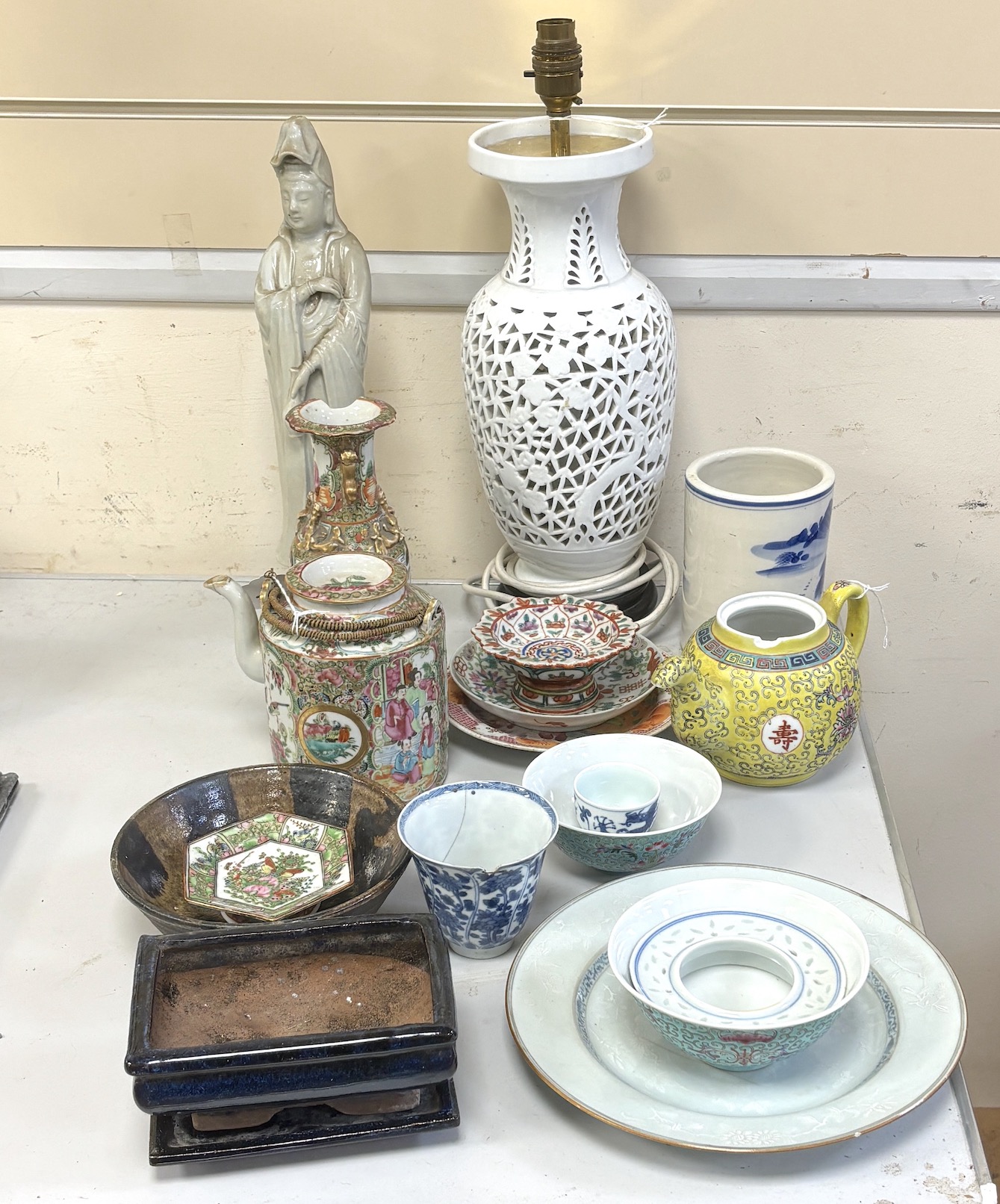 Various Chinese ceramics including some Meiji items; a teapot, 13.5cm, three small dishes and a planter, a Chinese Jian type tenmonku bowl, a Chinese bianco sopra bianco plate, blue and white brush washer, a blanc de chi